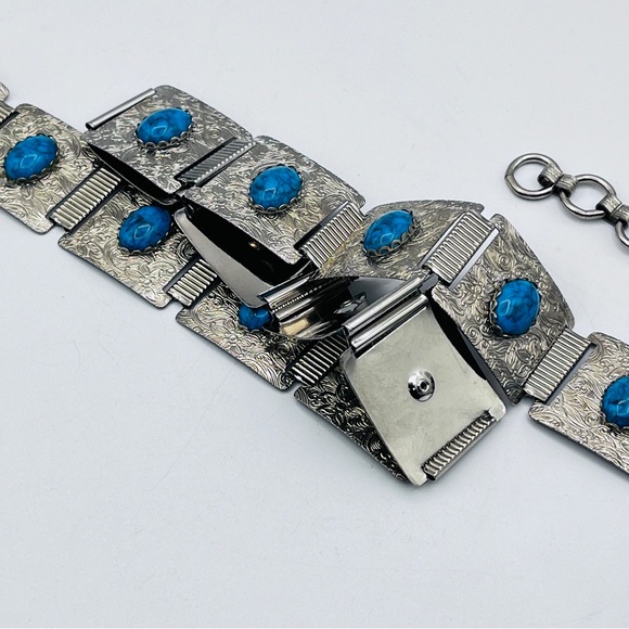 Vintage Faux Turquoise Square Concho Silver Tone Link Belt 27-34 - Picture 4 of 6